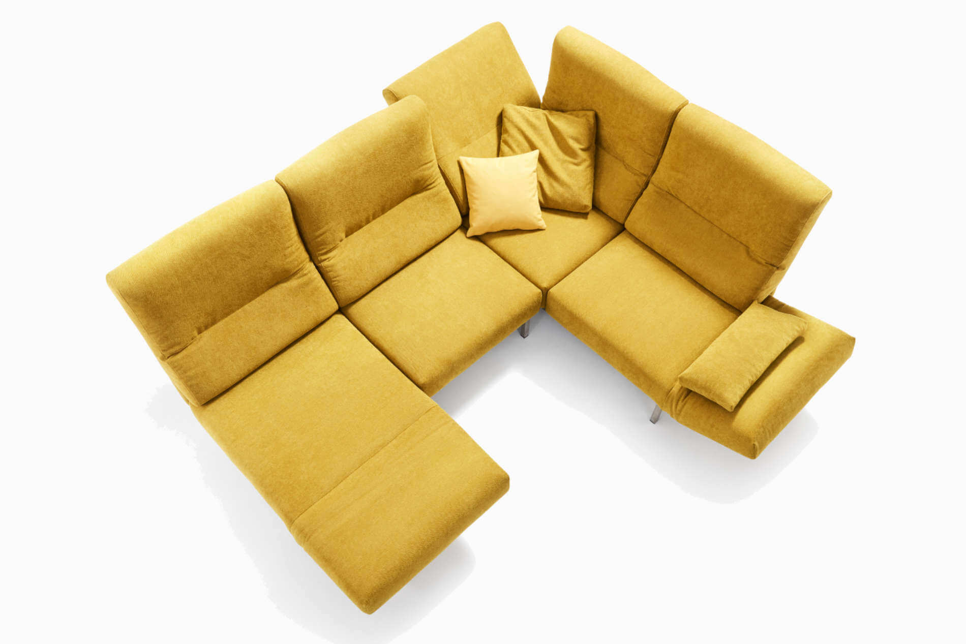 Ecksofa und Funktionssofa Chimba von Signet mit verwandelten Drehsitz von oben. Ecksofa Chimba Signet Funktionssofa Velour Gelb