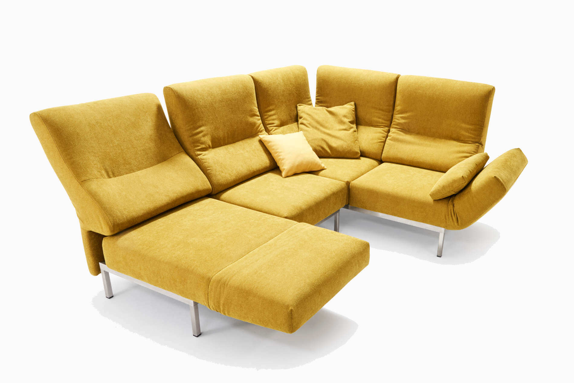 Ecksofa und Funktionssofa Chimba von Signet mit dem gelben Stoff Abby und Edelstahlfuessen. Signet Chimba Ecksofa Funktionssofa Abby Edelstahlfuesse