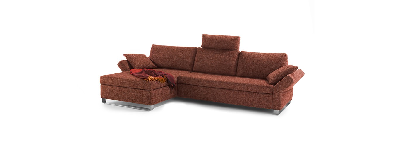 Lazlo Ecksofa Signet Schlafsofa Stoff Edelstahlkufen Bettkasten Kopfstütze